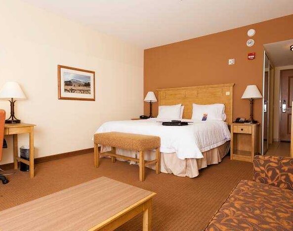Spacious king suite with sofa and desk at the Hampton Inn & Suites Riverton, WY.
