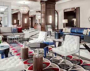 Workspace in a elegant hotel lobby at the Hilton Garden Inn Chicago McCormick Place.