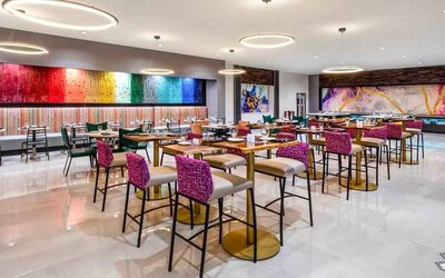 Workspace in a hotel restaurant at the Hilton Garden Inn Hays.