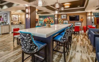 Funky lobby ideal for coworking at Hampton Inn San Francisco Airport.