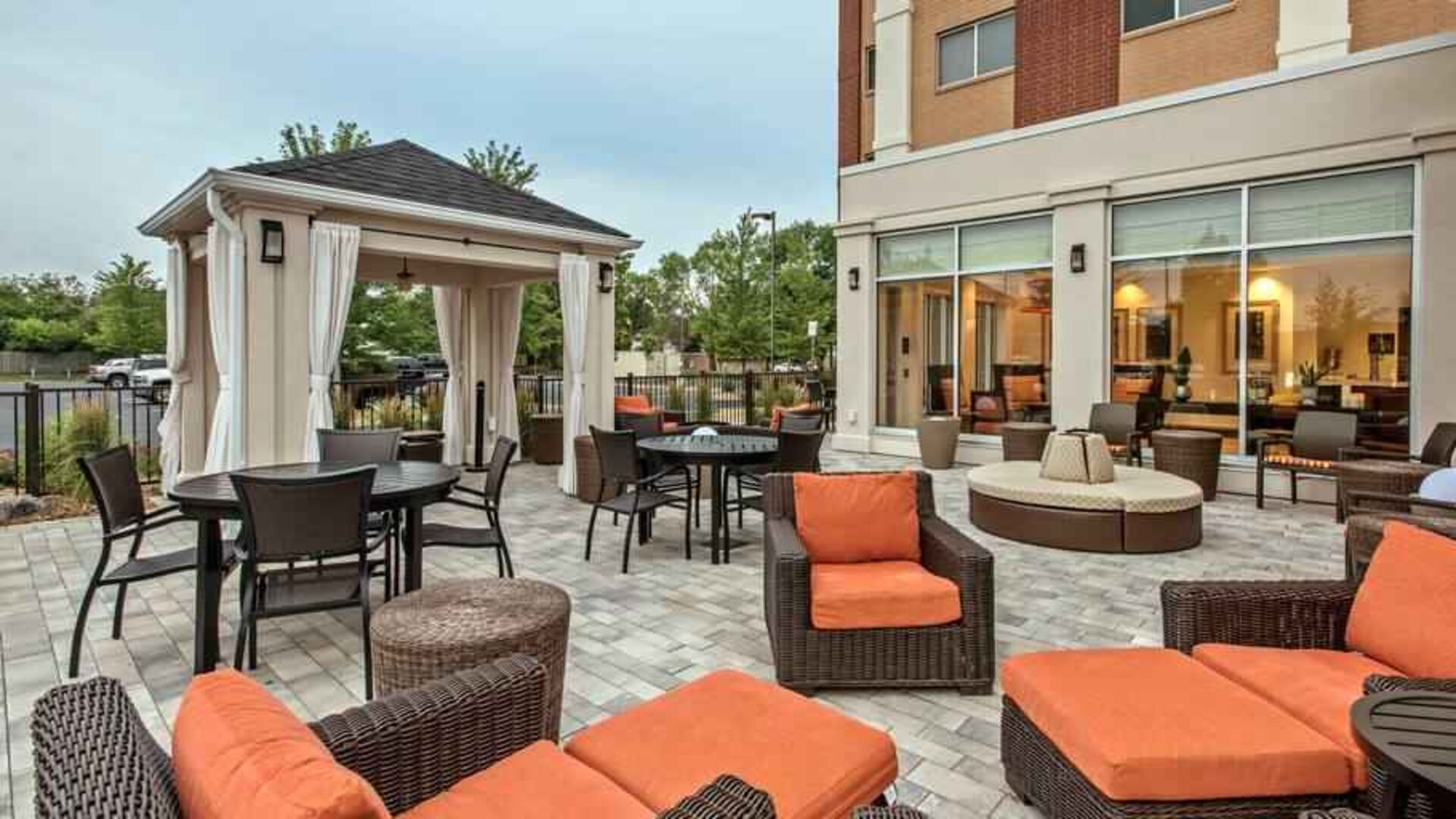 Beautiful outdoor patio perfect as workspace at the Hilton Garden Inn Minneapolis Airport Mall of America.