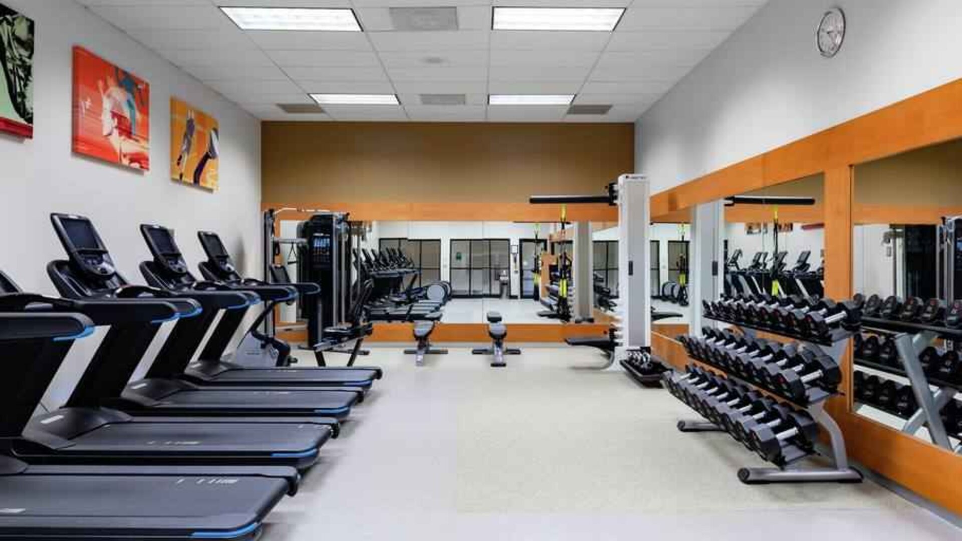 Fitness center with treadmills and weights at the DoubleTree by Hilton Kansas City - Overland Park.