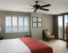 king room with fan, TV, and sea views at Kingston Plantation Condos.
