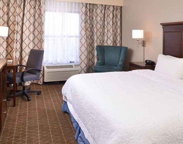 Delux king room with TV and work desk at Hampton Inn & Suites Pueblo-Southgate.