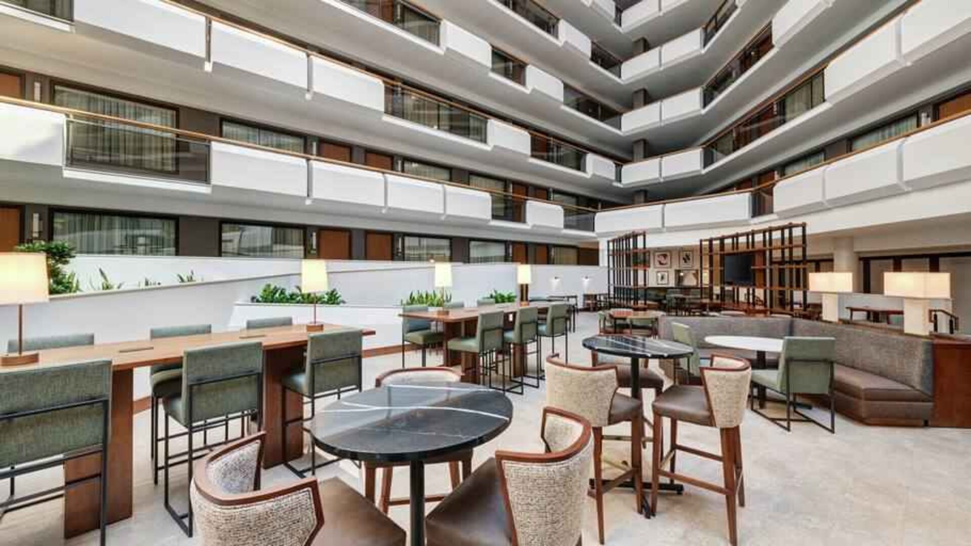 Workspace in a hotel lobby at the Embassy Suites by Hilton Tysons Corner.