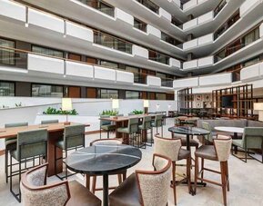 Workspace in a hotel lobby at the Embassy Suites by Hilton Tysons Corner.