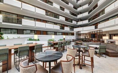 Workspace in a hotel lobby at the Embassy Suites by Hilton Tysons Corner.