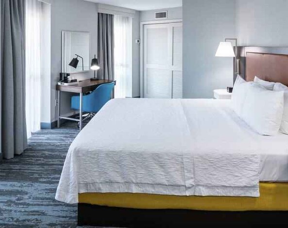 Bright king bedroom with big window at the Hampton Inn & Suites Memphis-Beale Street.