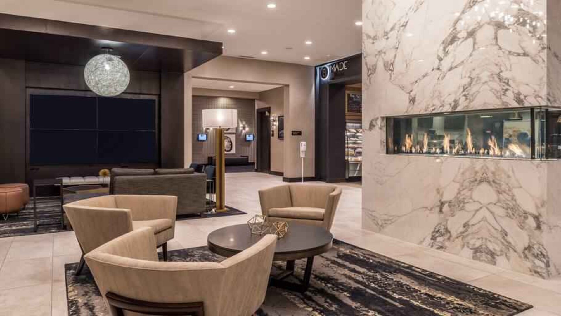 Lobby workspace by the fireplace at the DoubleTree by Hilton Lafayette East.