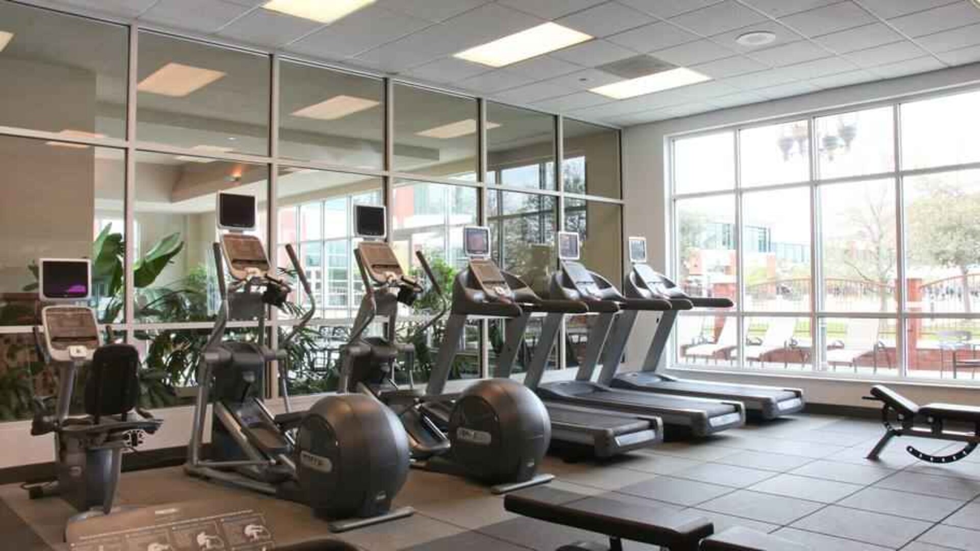 Fitness center with treadmills and windows at the Embassy Suites by Hilton Charleston Airport Convention Center.