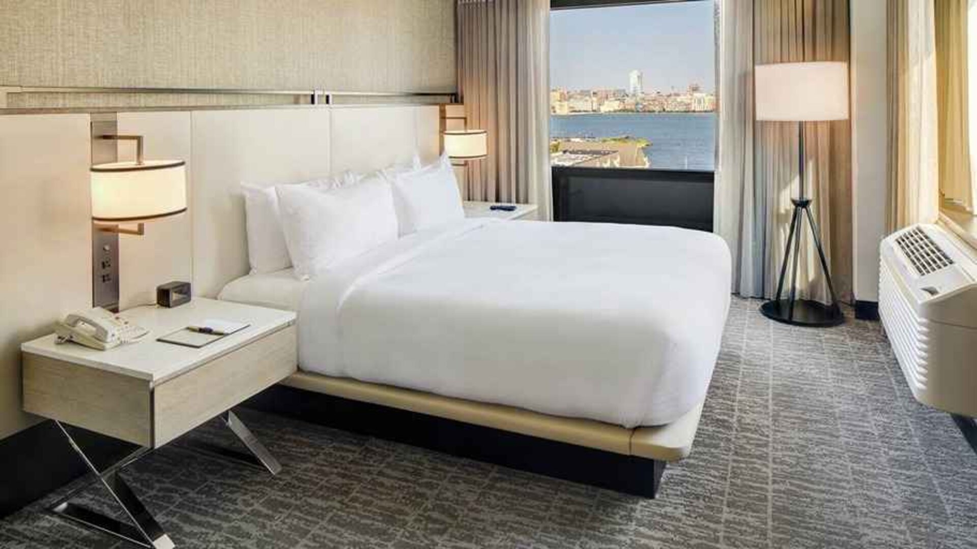 beautiful king room with lovely views at DoubleTree by Hilton Hotel & Suites Jersey City.