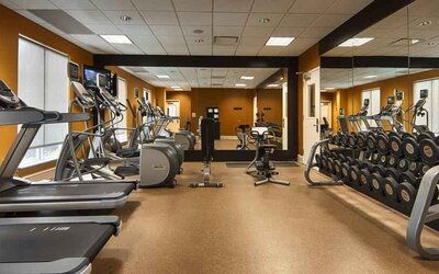 Fully equipped fitness center at the Hilton Garden Inn Houston Galleria Area.