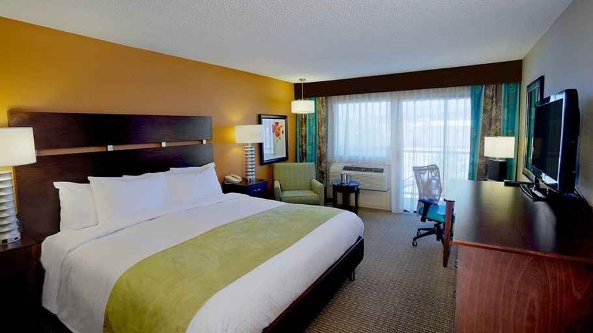 pretty king room with work desk ideal for working remotely at DoubleTree by Hilton Hotel Santa Fe.