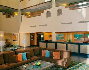 very comfortable lobby and coworking space at DoubleTree by Hilton Hotel Santa Fe.
