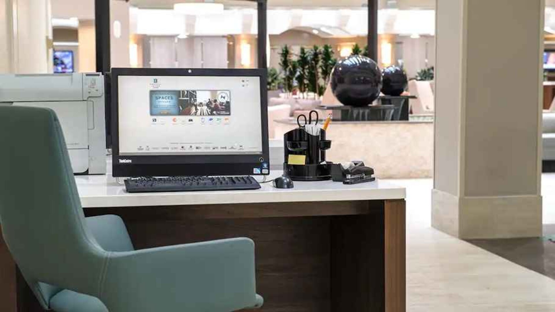 Dedicated workspace and business center at Embassy Suites by Hilton Seattle Tacoma International Airport.