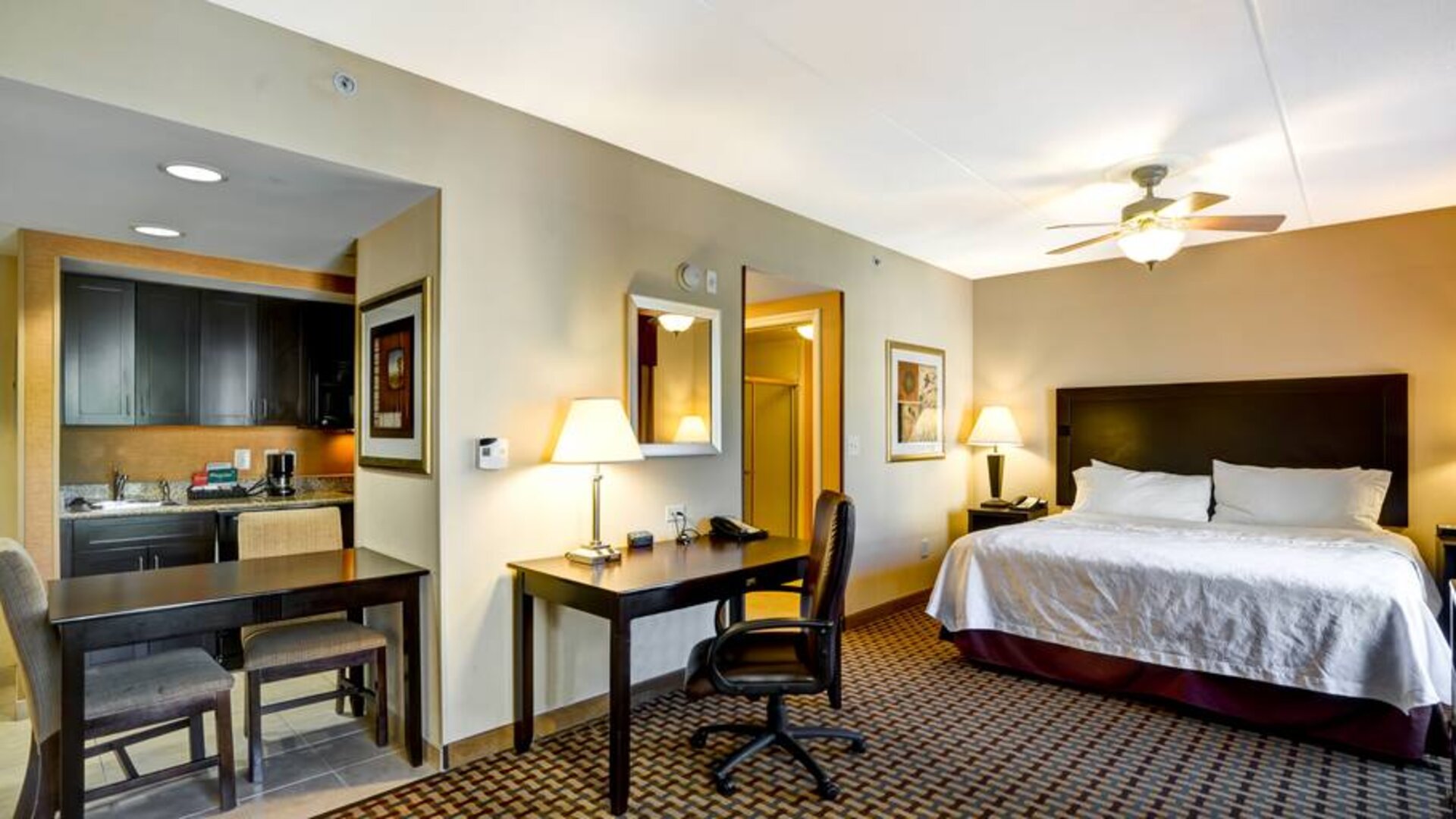 King suite with kitchenette and working station at the Homewood Suites by Hilton Bel Air.