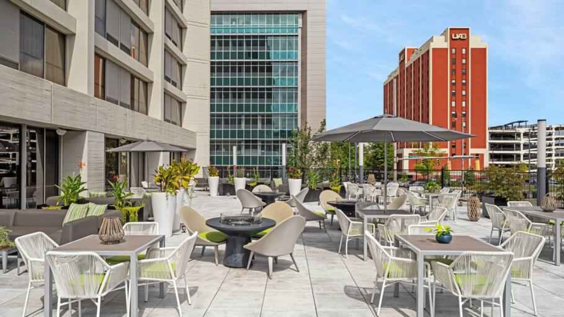Outdoor patio with city view at the Hilton Birmingham at UAB.