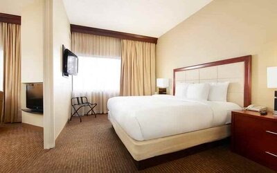 King bedroom with window at the DoubleTree Suites by Hilton Cincinnati-Blue Ash.