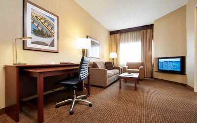 Working station in a hotel room at the DoubleTree Suites by Hilton Cincinnati-Blue Ash.