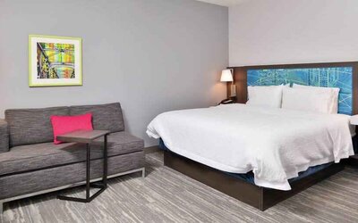 King bedroom with sofa at the Hampton Inn & Suites St. Paul Oakdale/Woodbury by Hilton.