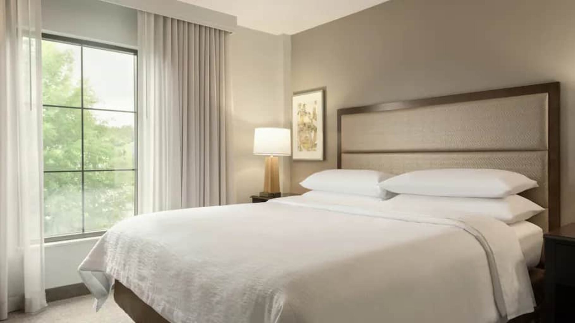 Two room suite with one king bed, living room, two tvs, and sofa-bed at the Embassy Suites by Hilton Atlanta Alpharetta