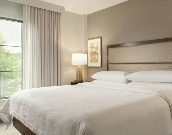 Two room suite with one king bed, living room, two tvs, and sofa-bed at the Embassy Suites by Hilton Atlanta Alpharetta