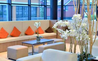 Beautiful lobby workspace at the Hilton Garden Inn Milan North.