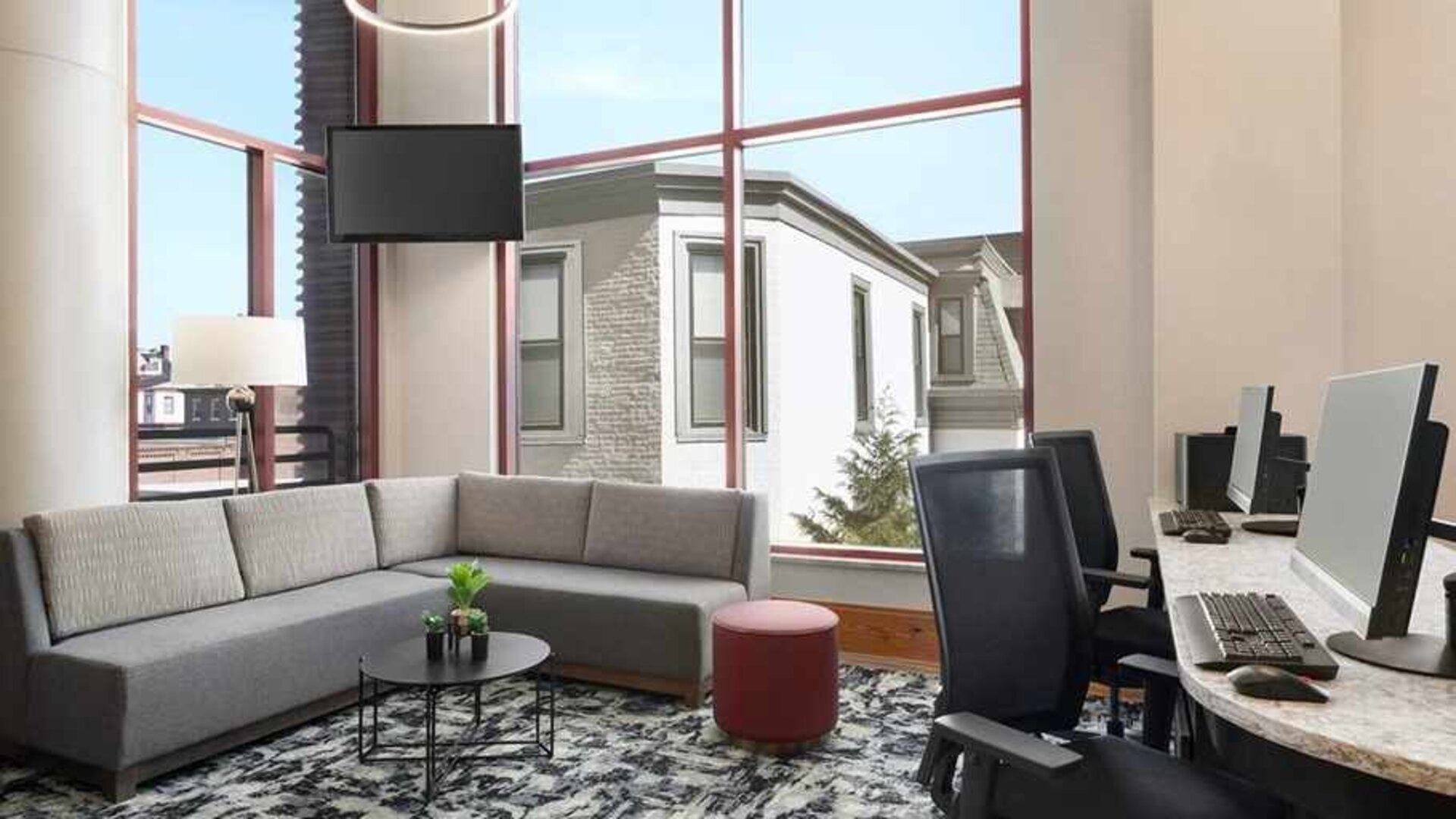 Dedicated business center with PC, internet, and work desks at Homewood Suites by Hilton University City Philadelphia, PA.