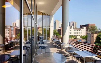 Pretty outdoor terrace ideal as a coworking space at Homewood Suites by Hilton University City Philadelphia, PA.