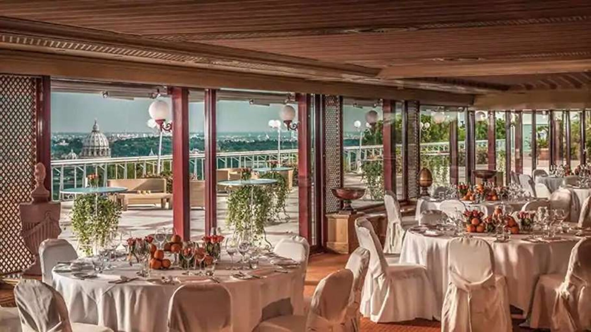 Dining area perfect for co-working at the Rome Cavalieri, A Waldorf Astoria Hotel.