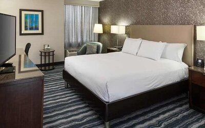 Comfortable king room with TV and work desk ideal for working remotely at DoubleTree by Hilton Hotel Wilmington.