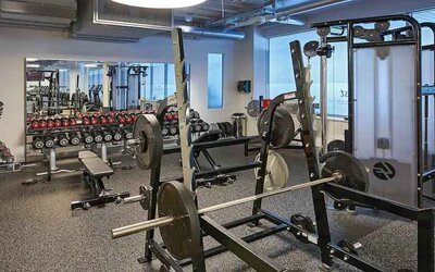 Fitness center with weights and machines at the Hilton Frankfurt City Centre.