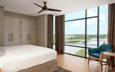 beautiful king room with water views at Homewood Suites by Hilton Wilmington Downtown.