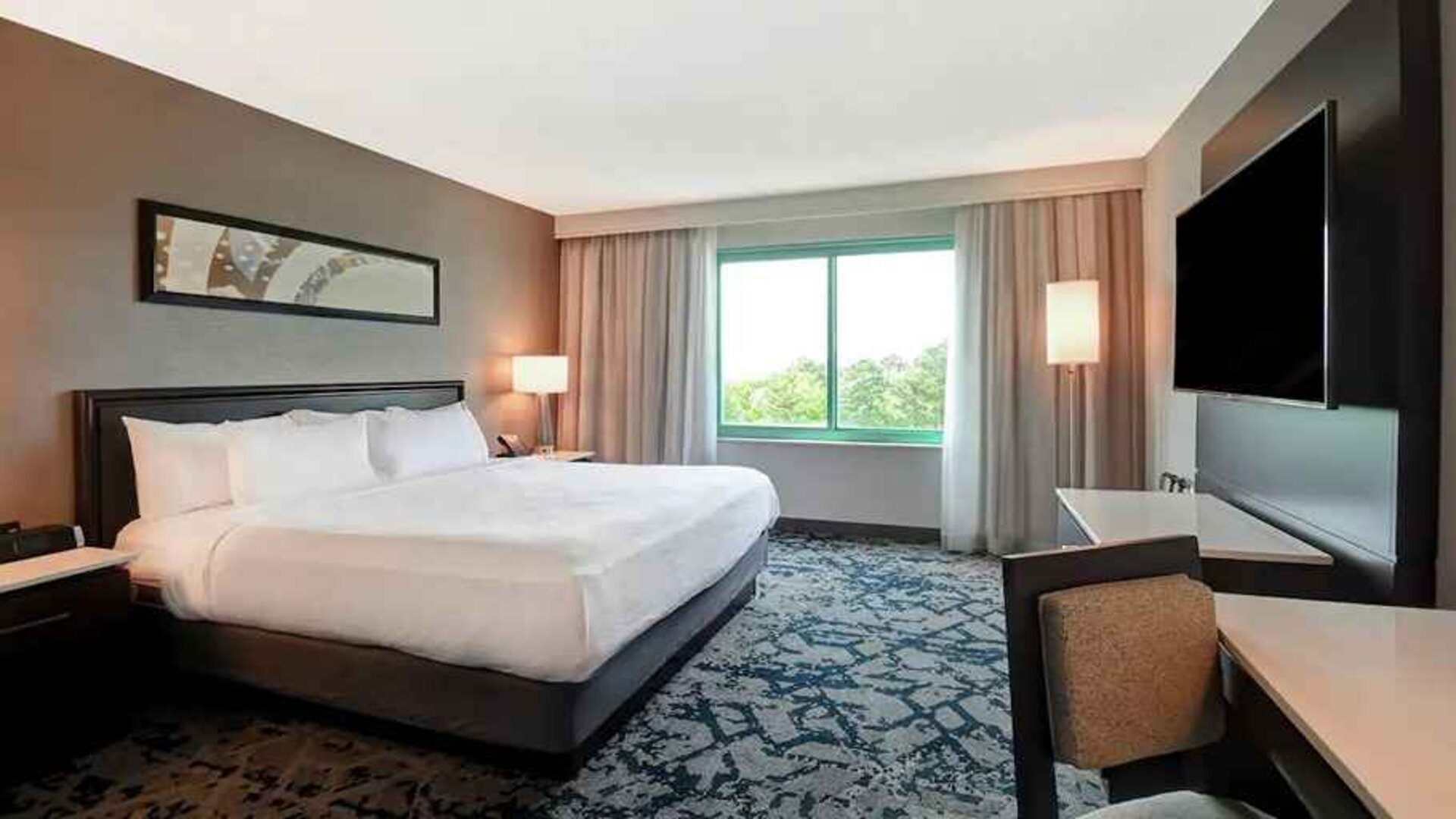 spacious king room with TV and work desk at Embassy Suites by Hilton Raleigh Durham Research Triangle.