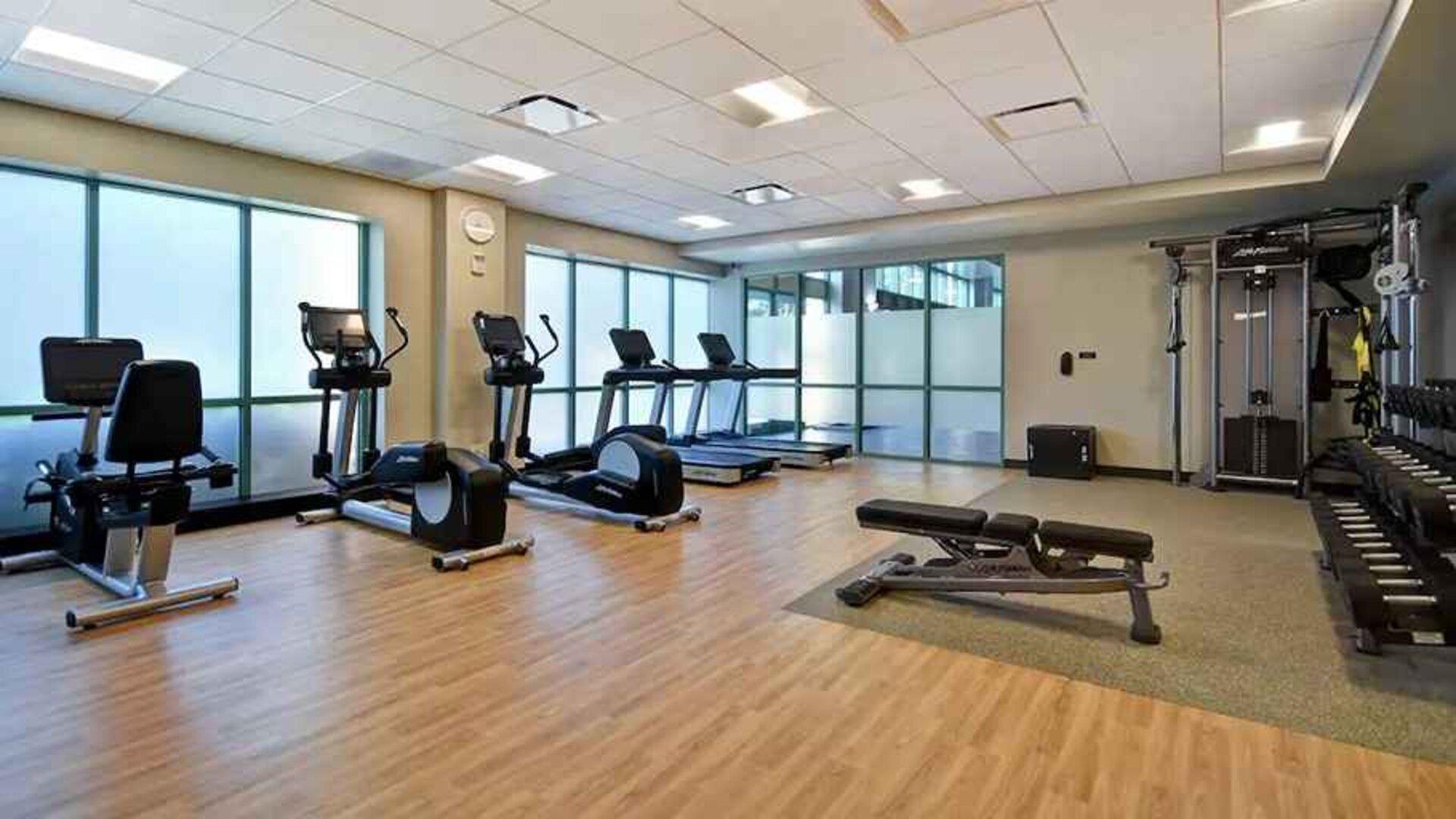 well equipped fitness center at Embassy Suites by Hilton Raleigh Durham Research Triangle.