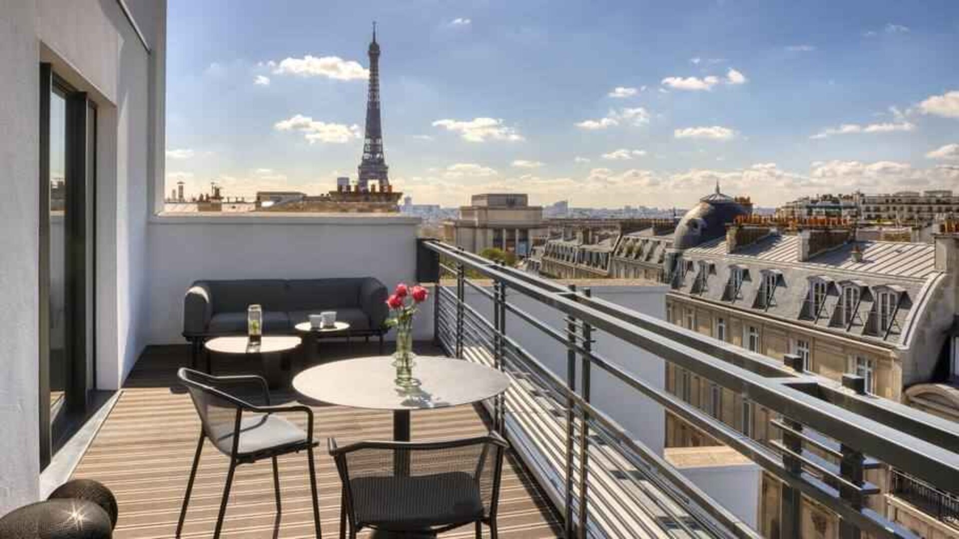 Hotel balcony overlooking the tour eiffel at the Canopy by Hilton Paris Trocadero.