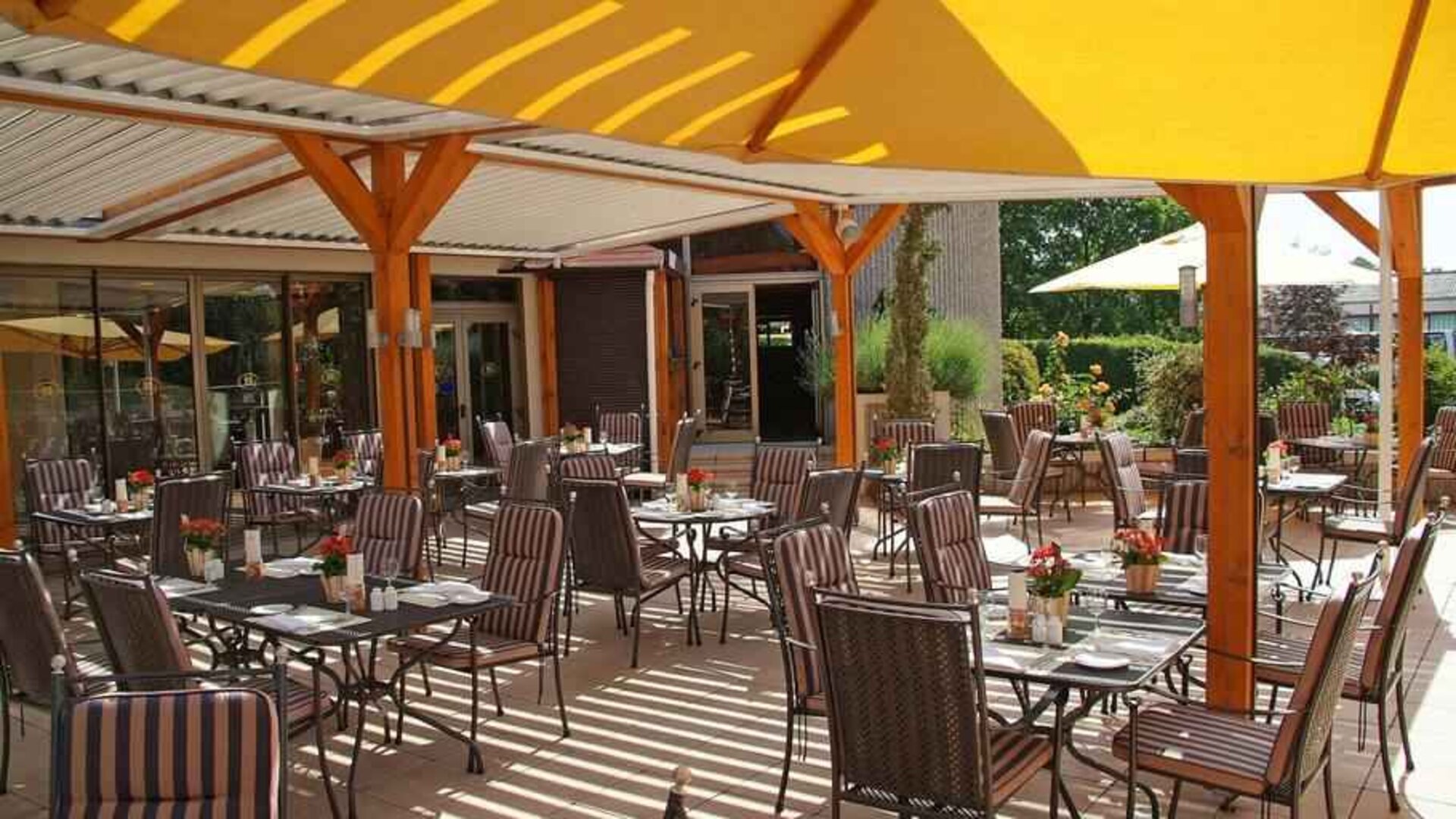 Outdoor patio perfect as workspace at the Hilton Strasbourg.