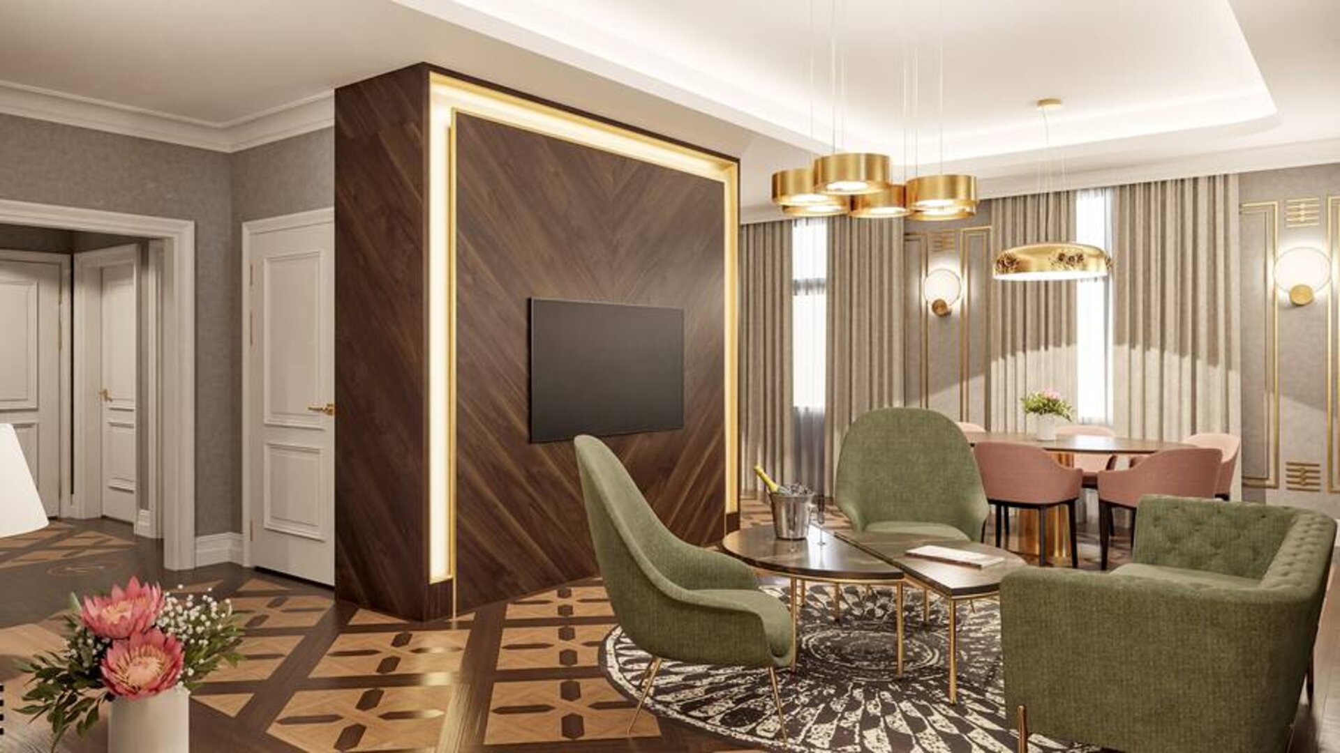 Living room with table, chairs and sofa at the Hotel Saski Krakow Curio Collection by Hilton.