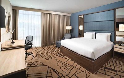 spacious king room with work desk and TV at Hilton Garden Inn Bogota Airport.