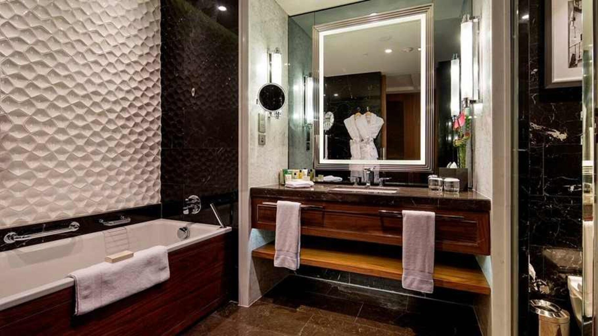 spacious king bathroom at Hilton Istanbul Bomonti Hotel & Conference Center.