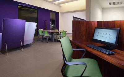 Business center with computer at the Hilton Garden Inn Monterrey Airport, Nuevo Leon, Mexico.