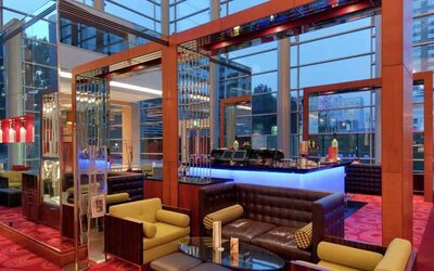 Elegant lobby workspace at the Hilton Warsaw City.