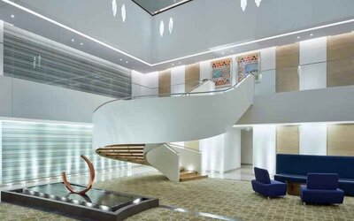 Elegant lobby workspace at the Hilton Garden Inn Muscat Al Khuwair.