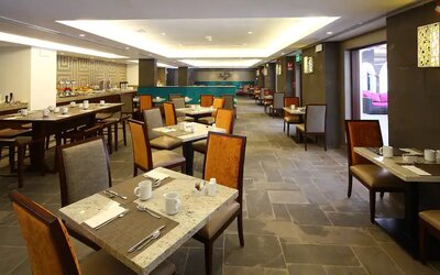 Restaurant area perfect as workspace at the Hilton Garden Inn Muscat Al Khuwair.