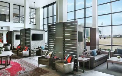 Stylish lobby workspace at the Legend Hotel Lagos Airport, Curio Collection by Hilton.