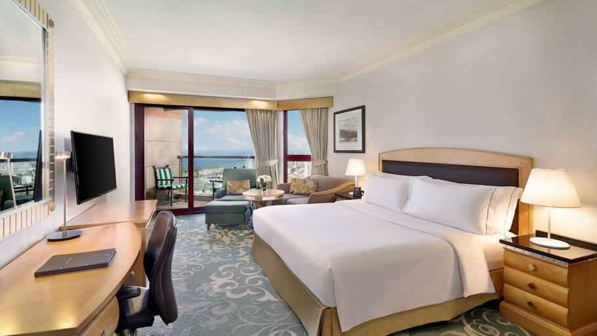 King bedroom with working station at the Jeddah Hilton.