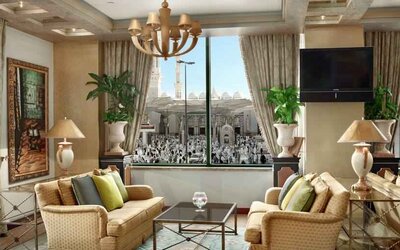 Hotel workspace overlooking the mosque at the Madinah Hilton Hotel.