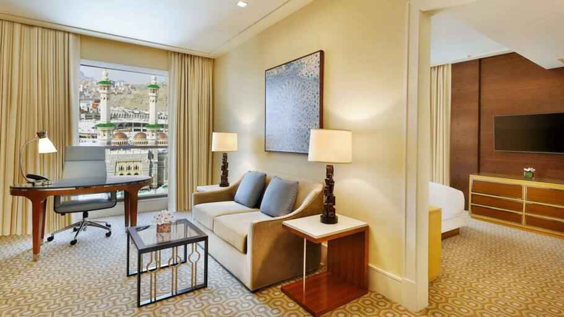 Working station along the window in a hotel room at the Conrad Makkah.