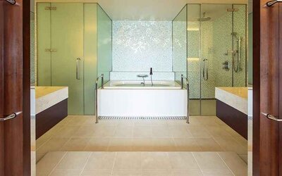 clean and spacious king bathroom with bath and shower at Hilton Fukuoka Sea Hawk.