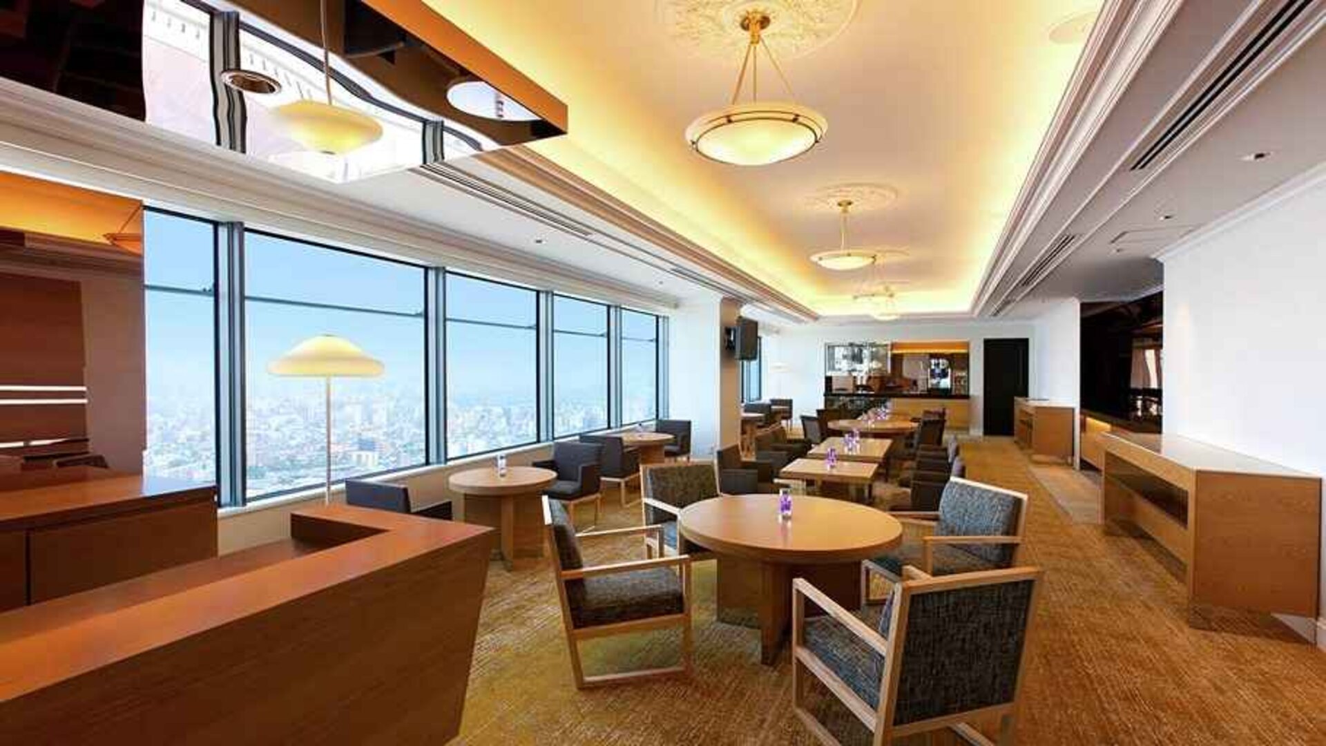 comfortable and spacious lobby and coworking space with lovely city views at Hilton Fukuoka Sea Hawk.